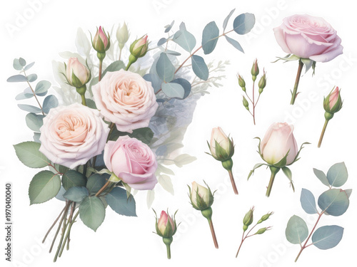Elegant bouquet of roses and floral arrangements in soft pastel tones
