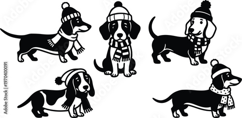 Vector art five dachshunds wearing knit hats and scarves in playful poses