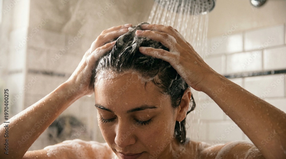 Naklejka premium Young woman washing hair with shampoo in home bathroom shower. Close up of girl cleaning head with foam. Morning hygiene routine, hair care and wellness concept with water drops.