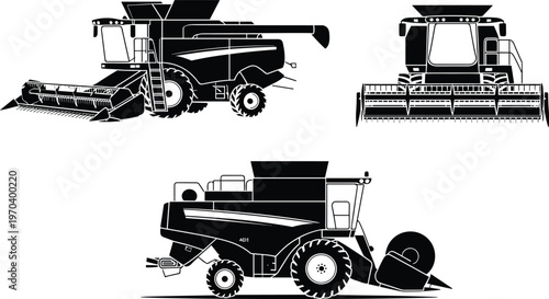 Black combine harvester silhouette set isolated on white background representing modern agriculture machinery, grain harvesting technology, industrial farming equipment, and food production