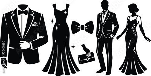 Evening gown and tuxedo silhouettes with bow tie and clutch black and white vector art