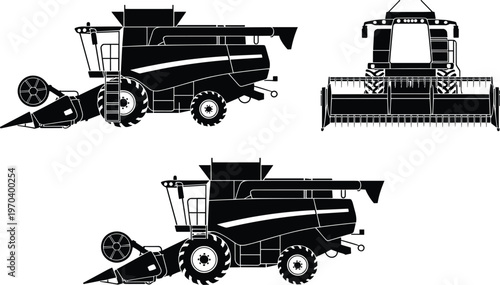 Black combine harvester silhouette set isolated on white background representing modern agriculture machinery, grain harvesting technology, industrial farming equipment, and food production