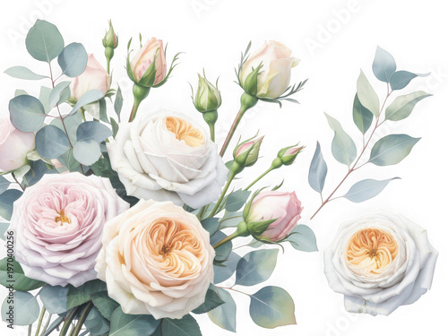 Elegant bouquet of pink and white roses in full bloom