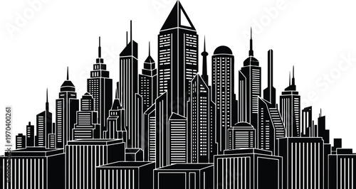 Black and white skyline with varied skyscraper silhouettes in landscape vector line art