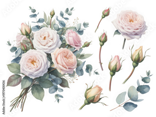 Elegant bouquet of pink roses with delicate greenery and scattered buds