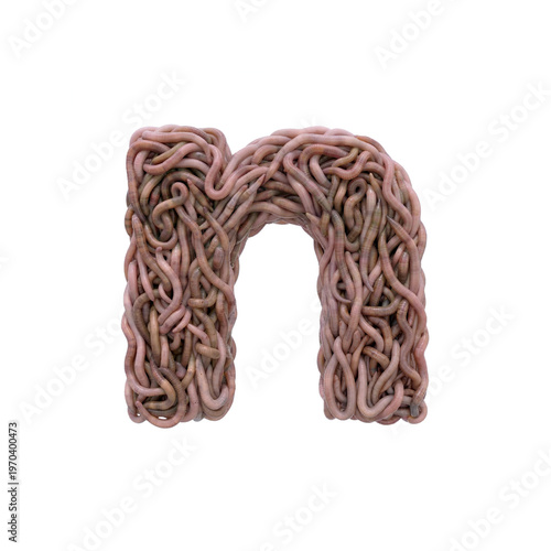 earthworm letter N - Lower-case 3d earthworm font isolated on white background. This alphabet is perfect for creative illustrations related to gardening, compost, horror concept. Generative AI
