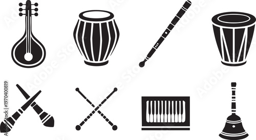 Indian Musical Instruments Traditional Black Silhouette Icons