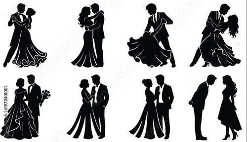 Black silhouettes bride and groom dancing and posing set with flowing gowns and tuxedos