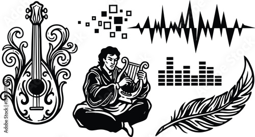 Decorative lute with ornate swirls and seated lyre player holding harp black and white vector art
