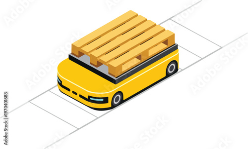 Isometric Yellow Automated Guided Vehicle Carrying Pallet Through Smart Factory Floor Vector