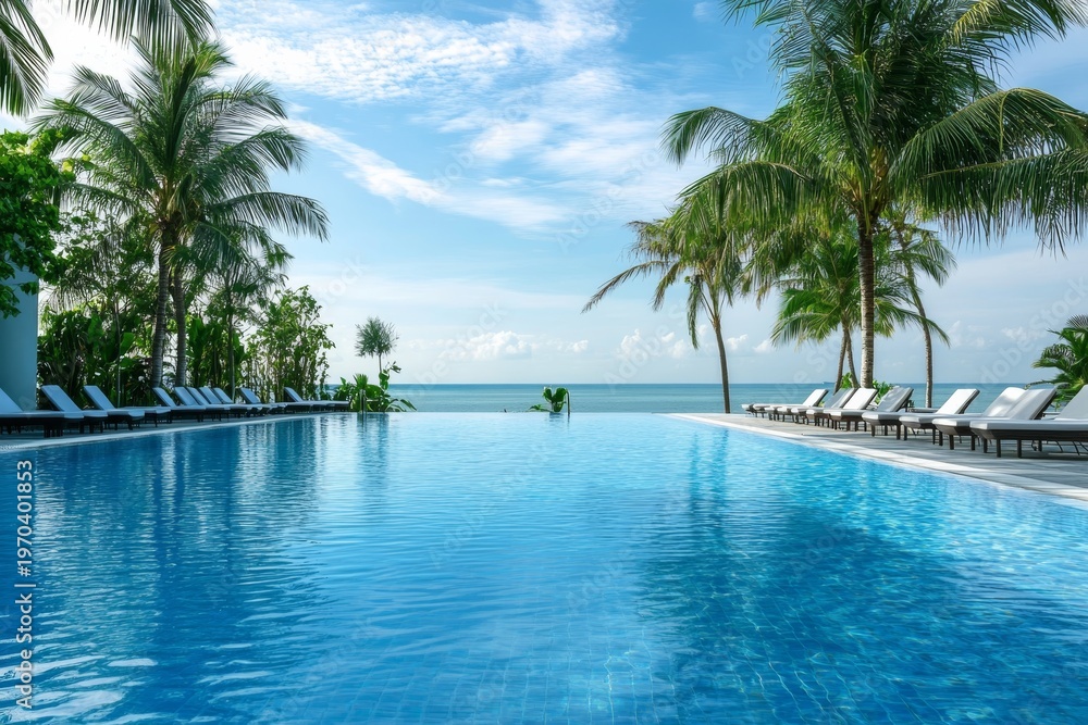Fototapeta premium Relaxing at a vacation pool with palm trees and a mattress surface by the ocean on a sunny day