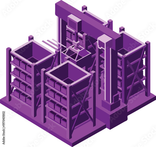 Isometric Purple Automated Storage and Retrieval System with Moving Crane Vector