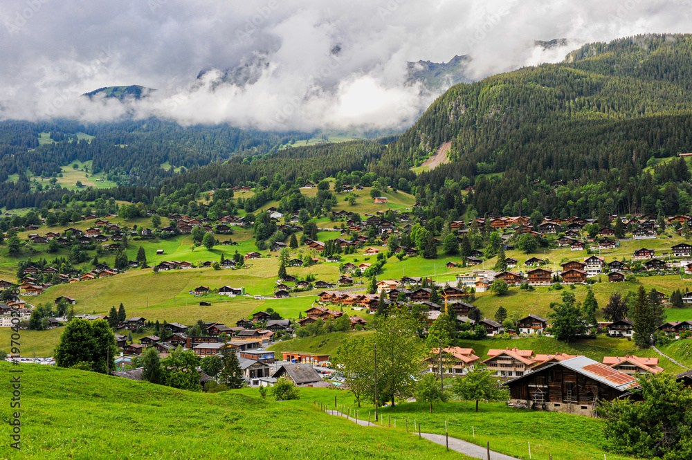 Fototapeta premium Panoramic view of Grindelwald village houses on the hillside 