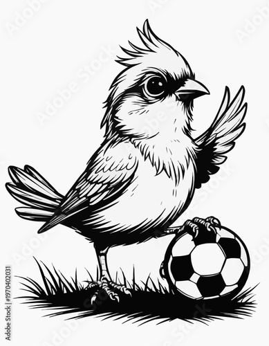 Cartoon bird standing beside a soccer ball in grassy field  