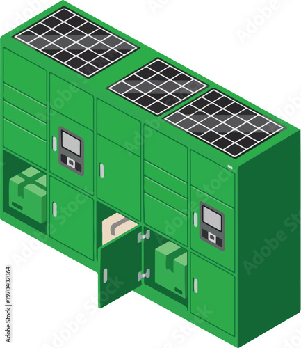 Isometric Green Smart Locker System with Solar Power and Package Compartments Vector