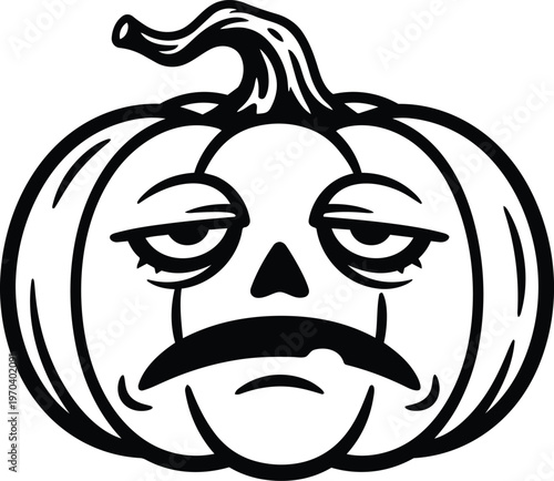 Black and white tired pumpkin face with droopy eyes and frown for halloween vector art