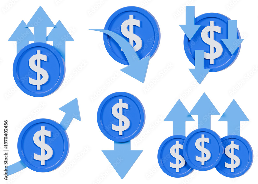 Obraz premium Set of 3D financial icons with dollar symbols and directional arrows representing growth, decline, profit and loss. Perfect for business, finance