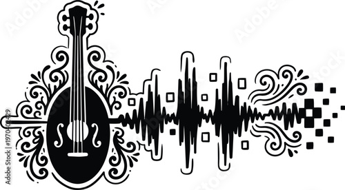 Ornate mandolin with swirling filigree and collapsing soundwave into pixels black and white vector art
