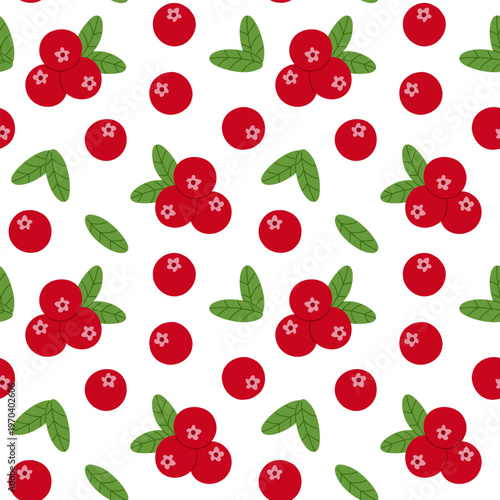 Cranberry seamless pattern. Botanical background with red wild berries. Cute design for wrapping paper, wallpaper, fabric, textile and etc. Vector illustration.