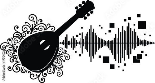 Mandolin with ornamental swirls and audio waveform in black and white vector art