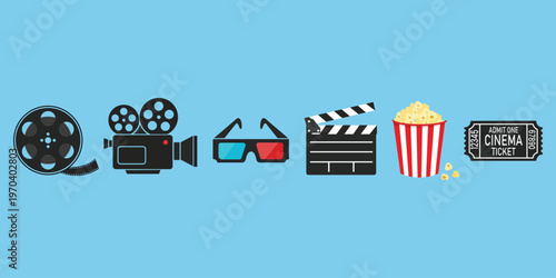 Lights, Camera, Action: Illustrative collection of cinema essentials, from the film reel to the ticket. This image embodies the essence of movies.