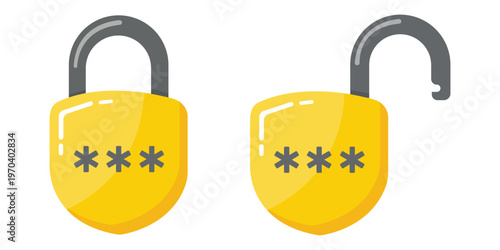 Secure Code: Two gold padlocks symbolize security and access, one locked with a coded key and the other unlocked, representing either protection or vulnerability