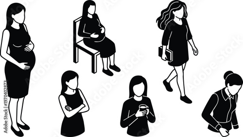 Pregnant and everyday women in black and white vector art set showing varied poses
