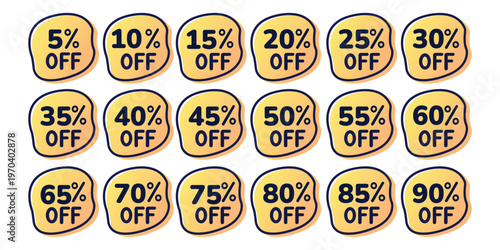 Discount Offers Galore: A vibrant collection of discount tags showcases a range of enticing offers, from a subtle 5% to a generous 90% off, inviting shoppers to explore the best deals available.