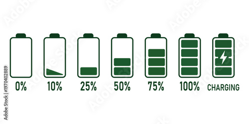 Battery Level Indicators: A sequence of battery level indicators showcases a charging process, signifying power status with varying percentages.