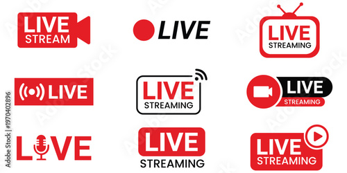 Streaming Live Icons : A collection of stylized live stream icons, perfect for representing real-time broadcasting and online events.