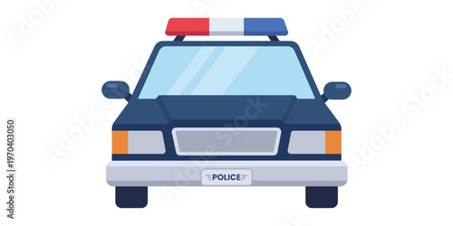 Police Vehicle Illustration: A front view of a police car with its siren lights, ready to serve and protect, symbolizing safety and authority.
