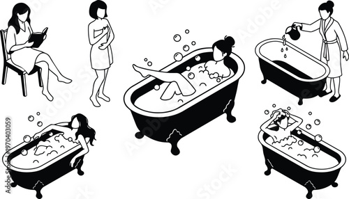 Black and white vector bath scenes with women reading pregnant woman and pouring water