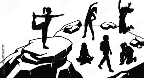 Black silhouette group practicing yoga and jumping on rocky cliff in high contrast