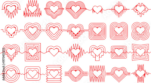 Red heartbeat line collection with heart symbol, cardiology, medical pulse, ECG, EKG design, healthcare clipart vector illustration, health monitoring, digital heartbeat graphics