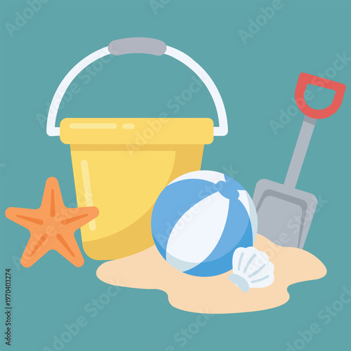 Beach Bliss: A collection of beach essentials—a bucket, ball, starfish, shovel, and shell—perfectly captures the essence of a carefree day by the shore, ideal for childhood memory and joy.