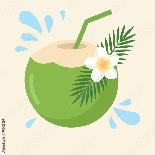Tropical Coconut Refreshment: An appetizing illustration showcasing a green coconut drink with a straw, embellished with a tropical floral and palm leaf, complemented by playful water splashes.