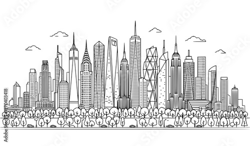 Cityscape contour line art with tall buildings and trees vector illustration isolated on white background