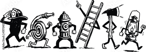 Anthropomorphic firefighter gear marching with hose hydrant ladder axe and lantern in black and white vector art