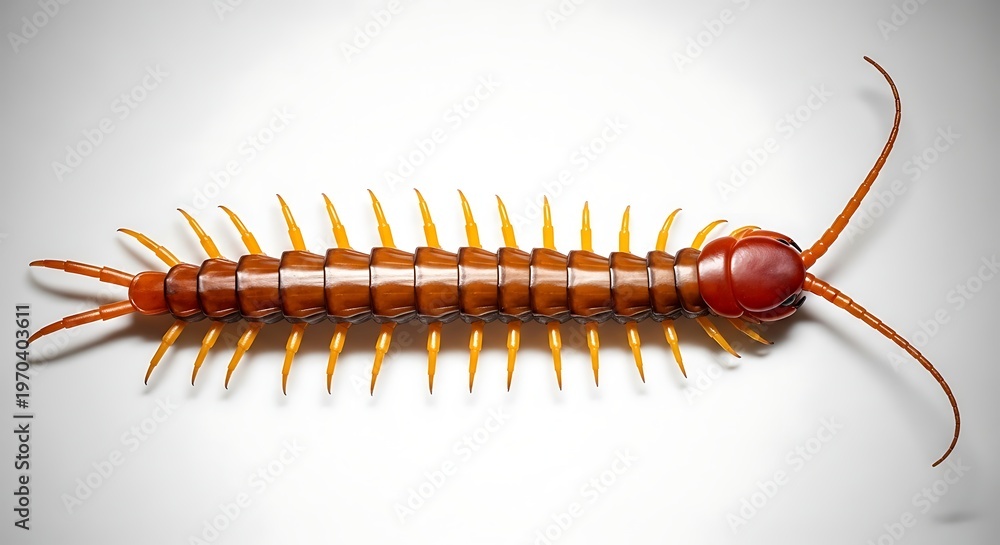 Fototapeta premium Centipede with long legs and segmented body on white background closeup