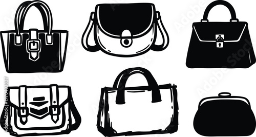 Black and white sketch set of six handbags and purses vector art