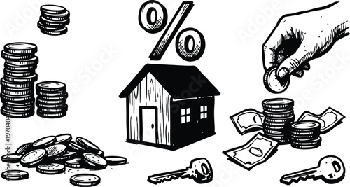 Black and white hand drawn house with percent sign coins stacks keys and hand placing coin