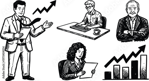 Black and white line art businessman presenting growth chart with seated worker and executive portrait