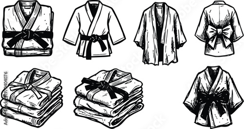 Black and white line art kimono and folded robes with tied sash set