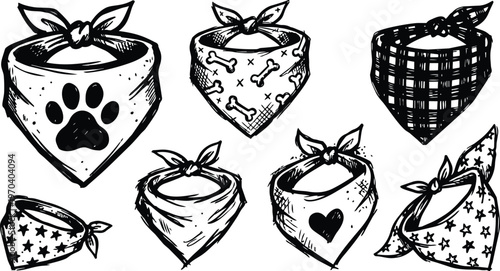 Dog bandanas set with paw bone heart and star patterns black and white line art