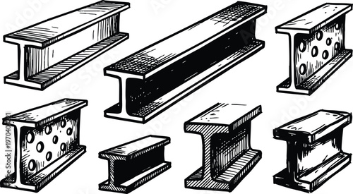 Steel i beams hand drawn black and white group sketch with hatching