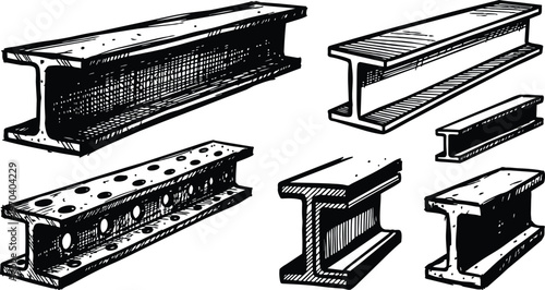 Black and white hand drawn steel i beams with drilled holes and varied profiles