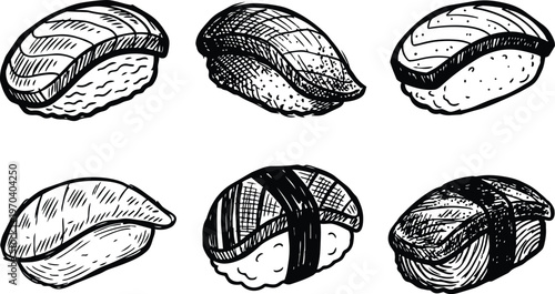 Hand drawn nigiri sushi set six black and white line art