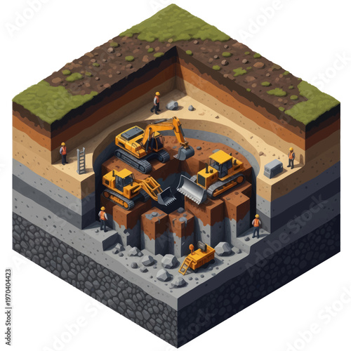 Isometric view of a deep excavation site with multiple construction vehicles and workers.