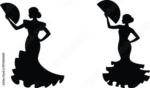 Black Silhouettes of Traditional Flamenco Dancers with Fans, Spanish Women in Ruffled Dresses Performing Folk Dance Isolated on White Background Vector Graphics