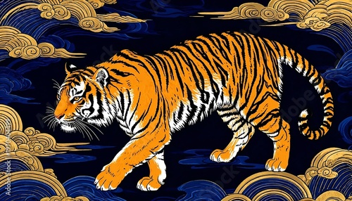 Tiger walking through stylized clouds with a dark background  